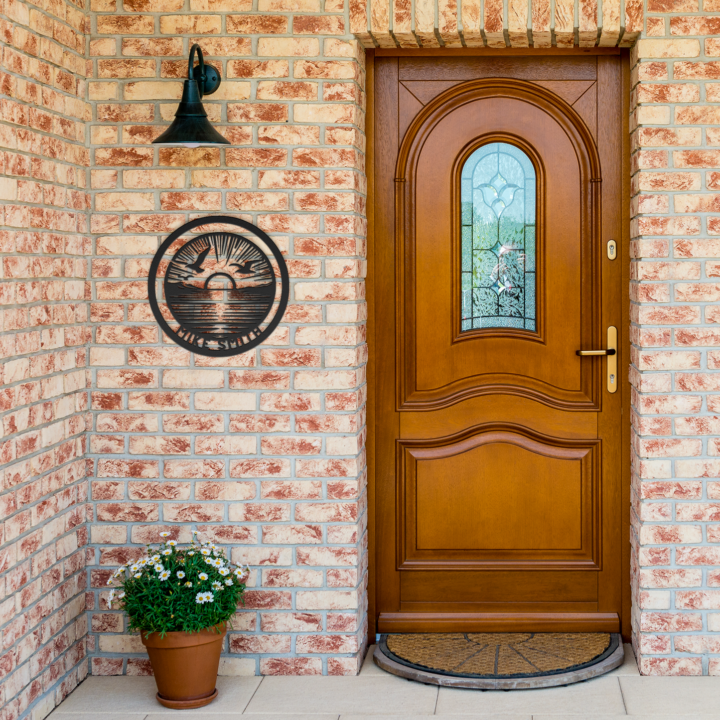Personalized_Sunset_Metal_Wall_Art_Black_Brick_Entrance_Mockup.png