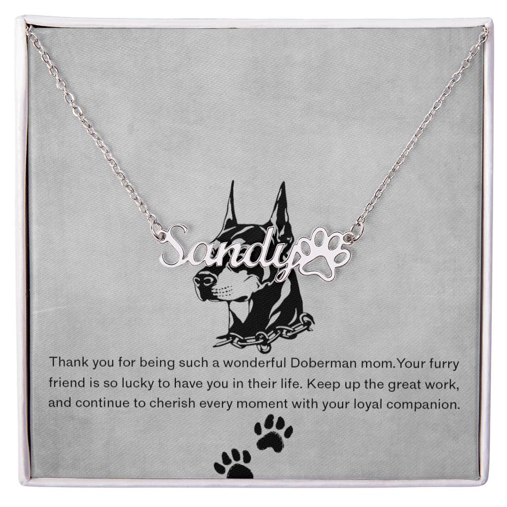 Personalized Paw Print Name Necklace For Doberman Dog Mom - Customized Jewelry Gift for Women Doberman Dog Lover