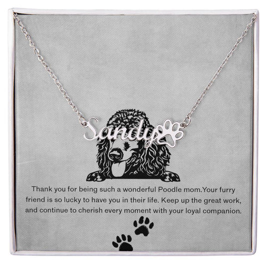 Personalized Poodle Mom Paw Print Name Necklace - Customized Jewelry Gift for Women Poodle Dog Lover