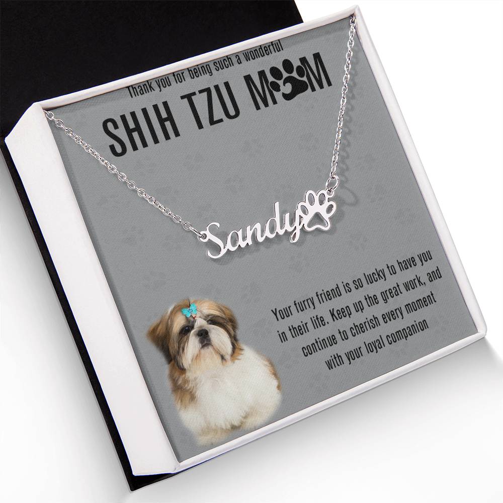 Personalized Shih Tzu Mom Paw Print Name Necklace - Customized Jewelry Gift for Women Shih Tzu Dog Lover