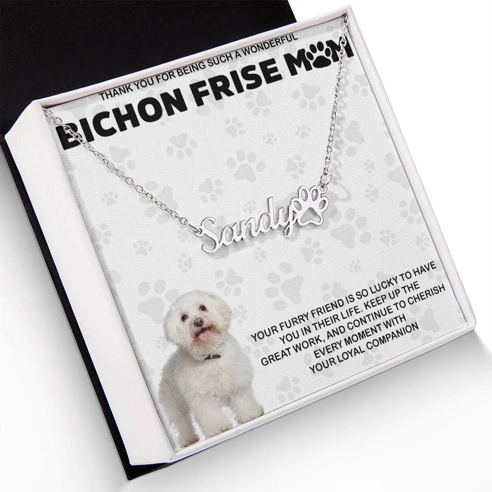 Personalized Bichon Frise Mom Paw Print Name Necklace - Customized Jewelry Gift for Women Bichon Frise Dog Lover
