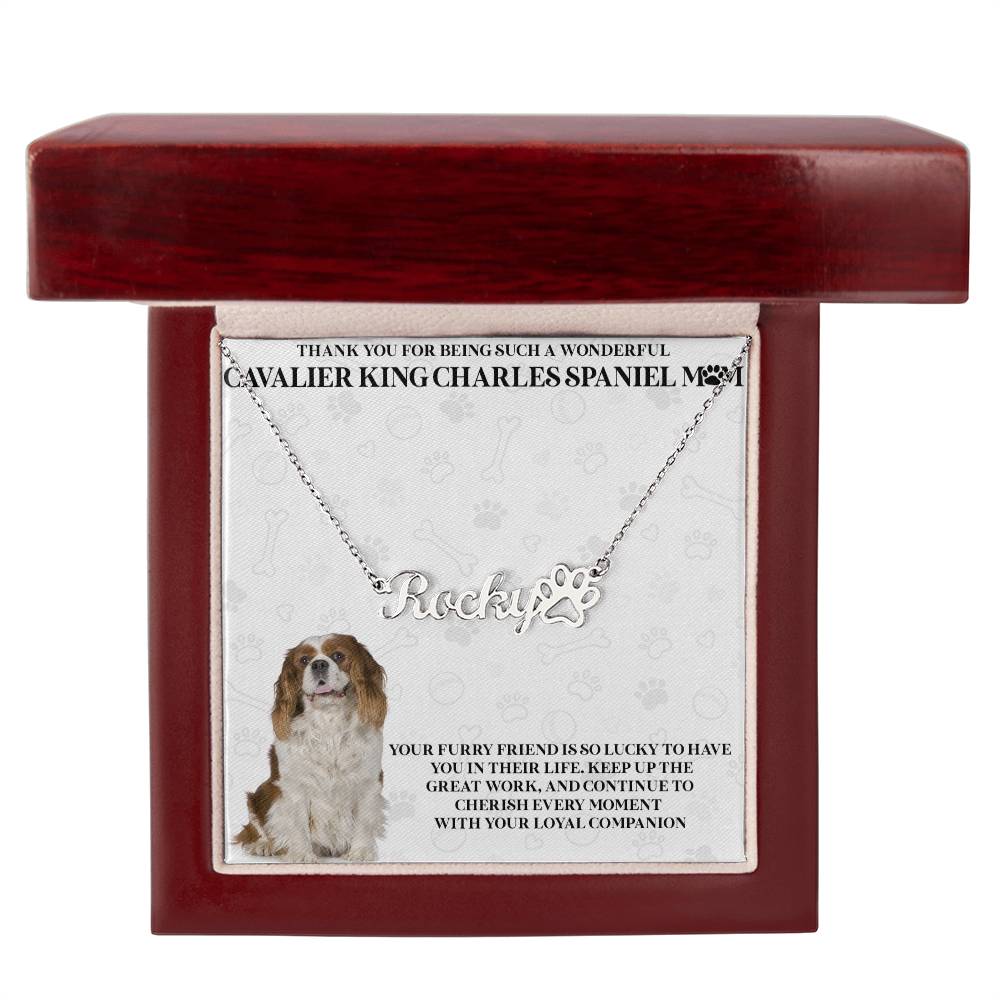 Personalized Cavalier King Charles Spaniel Mom Paw Print Name Necklace - Customized Jewelry Gift for Women Cavalier King Charles Spaniel Dog Lover