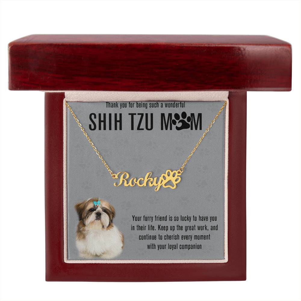 Personalized Shih Tzu Mom Paw Print Name Necklace - Customized Jewelry Gift for Women Shih Tzu Dog Lover
