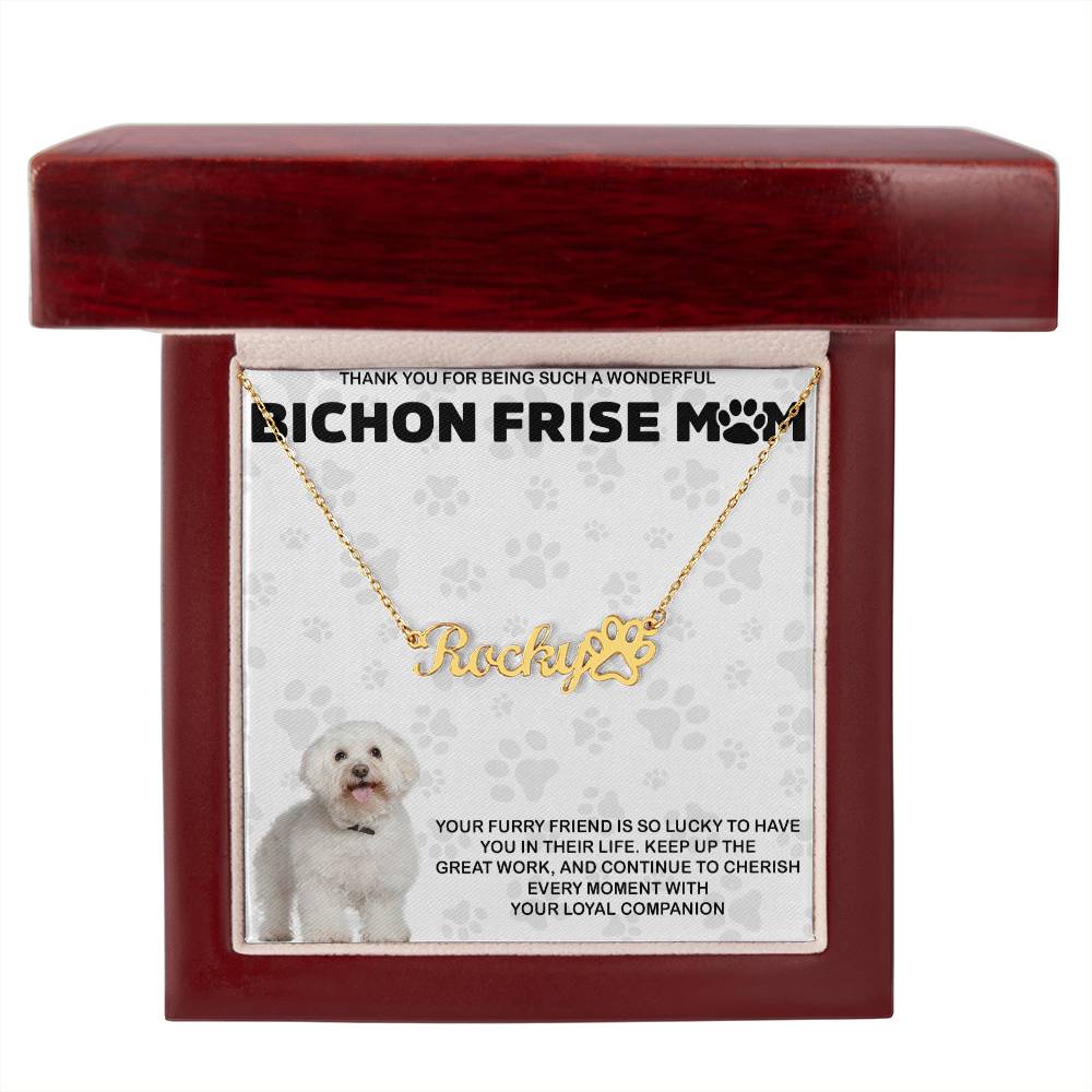 Personalized Bichon Frise Mom Paw Print Name Necklace - Customized Jewelry Gift for Women Bichon Frise Dog Lover