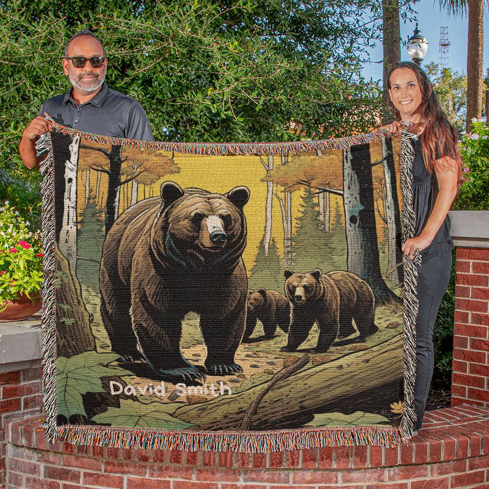 Personalized Bear In Woods Heirloom Woven Blanket