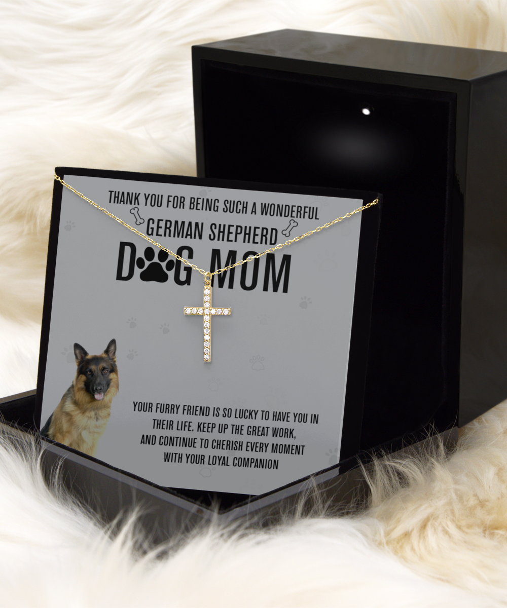 German Shepherd Dog Mom Crystal Gold Cross Necklace - A Birthday Christmas Mothers Day Necklace Gift For Women German Shepherd Dog Lover
