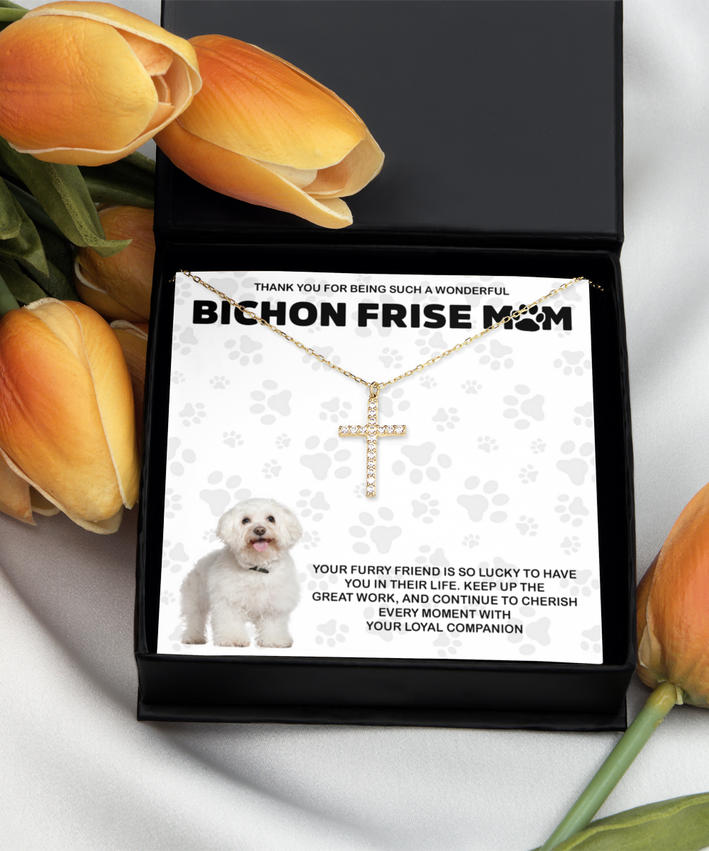 Bichon Frise Mom Crystal Gold Cross Necklace - Dog Mom Gifts Necklace For Women Birthday Christmas Mother's Day Gift For Bichon Frise Dog Lover