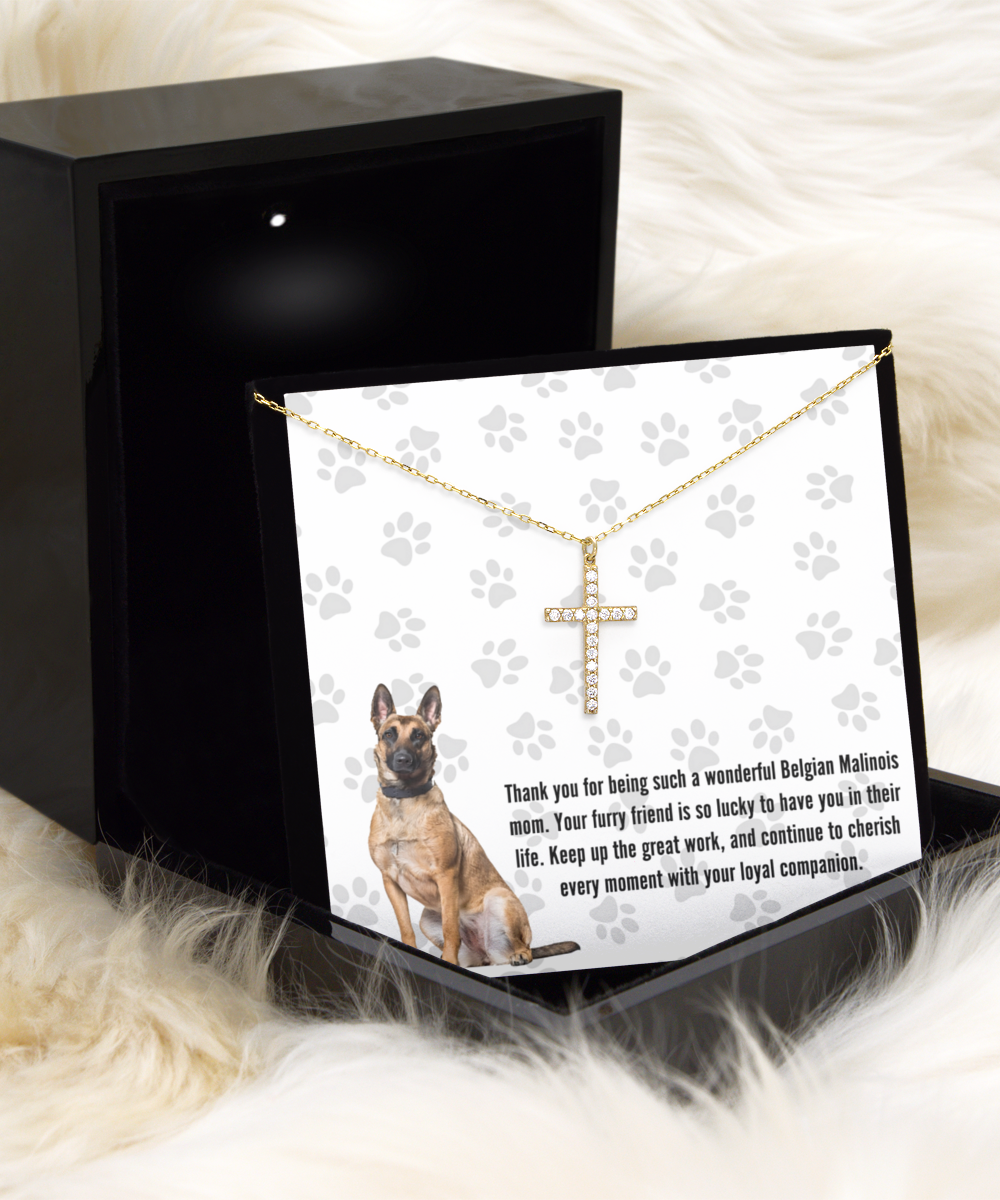 Belgian Malinois Mom Crystal Gold Cross Necklace - Dog Mom Jewelry Gifts Necklace For Women Birthday Christmas Mother's Day Gift For Belgian Malinois Dog Lover