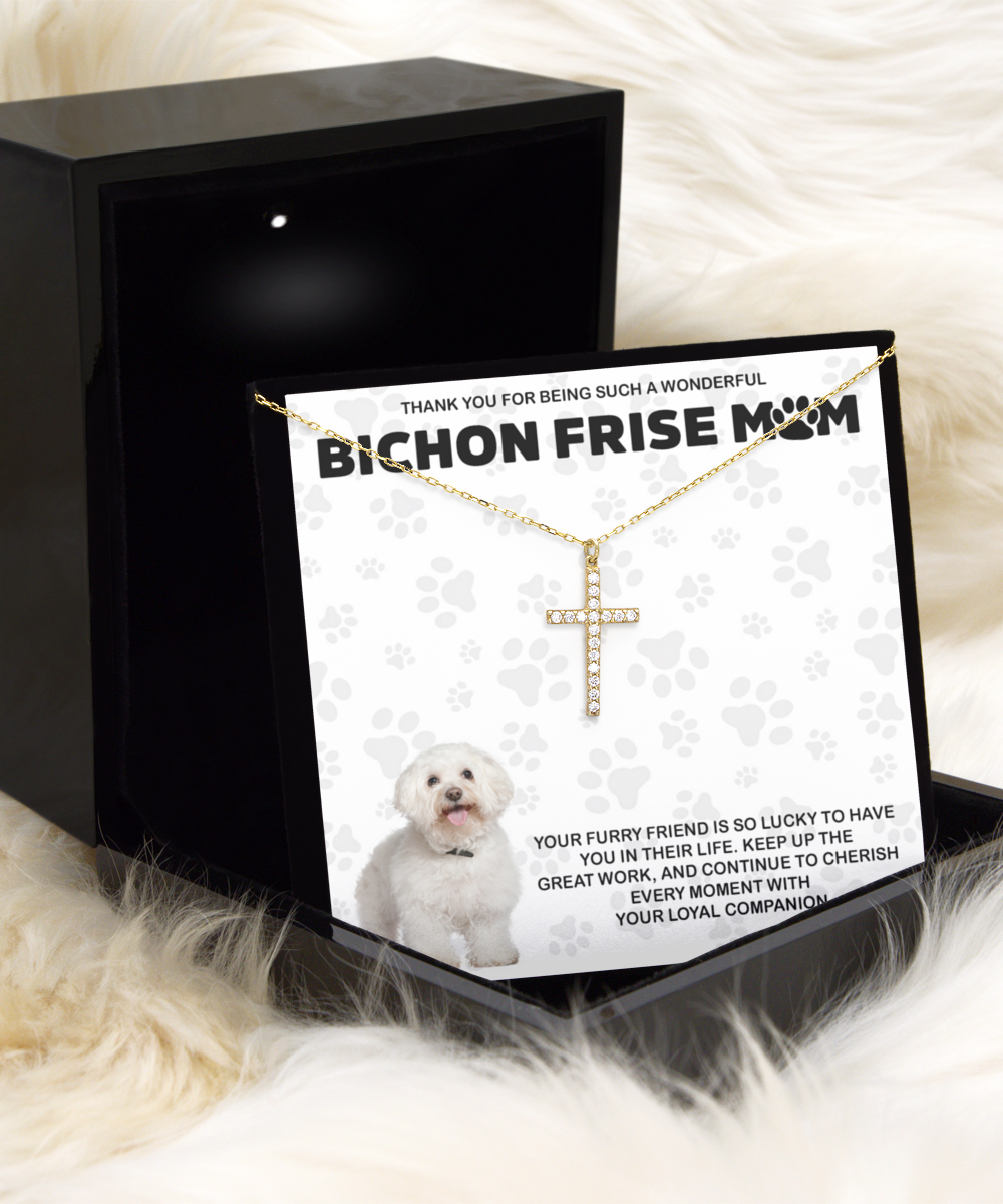 Bichon Frise Mom Crystal Gold Cross Necklace - Dog Mom Gifts Necklace For Women Birthday Christmas Mother's Day Gift For Bichon Frise Dog Lover