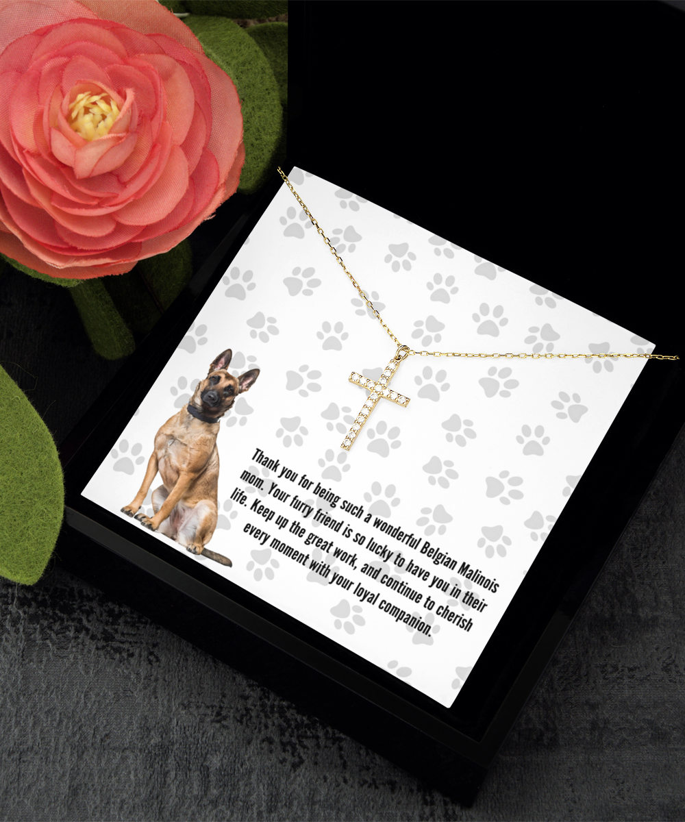 Belgian Malinois Mom Crystal Gold Cross Necklace - Dog Mom Jewelry Gifts Necklace For Women Birthday Christmas Mother's Day Gift For Belgian Malinois Dog Lover