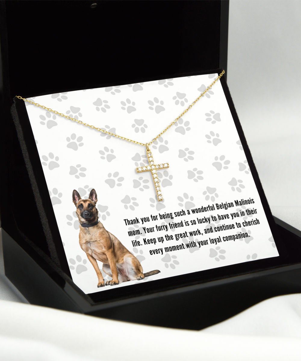 Belgian Malinois Mom Crystal Gold Cross Necklace - Dog Mom Jewelry Gifts Necklace For Women Birthday Christmas Mother's Day Gift For Belgian Malinois Dog Lover