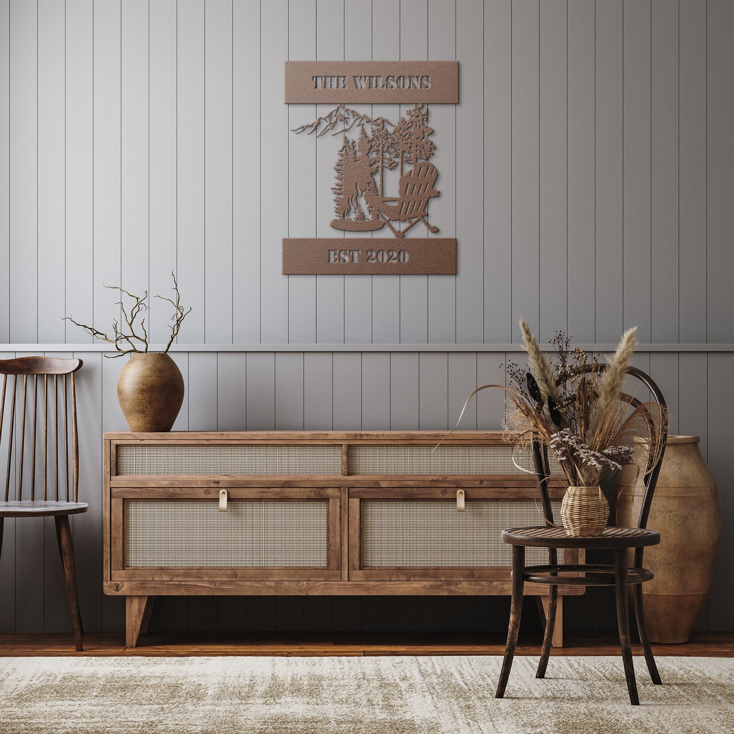 Firepit With Chair Metal Name Sign,