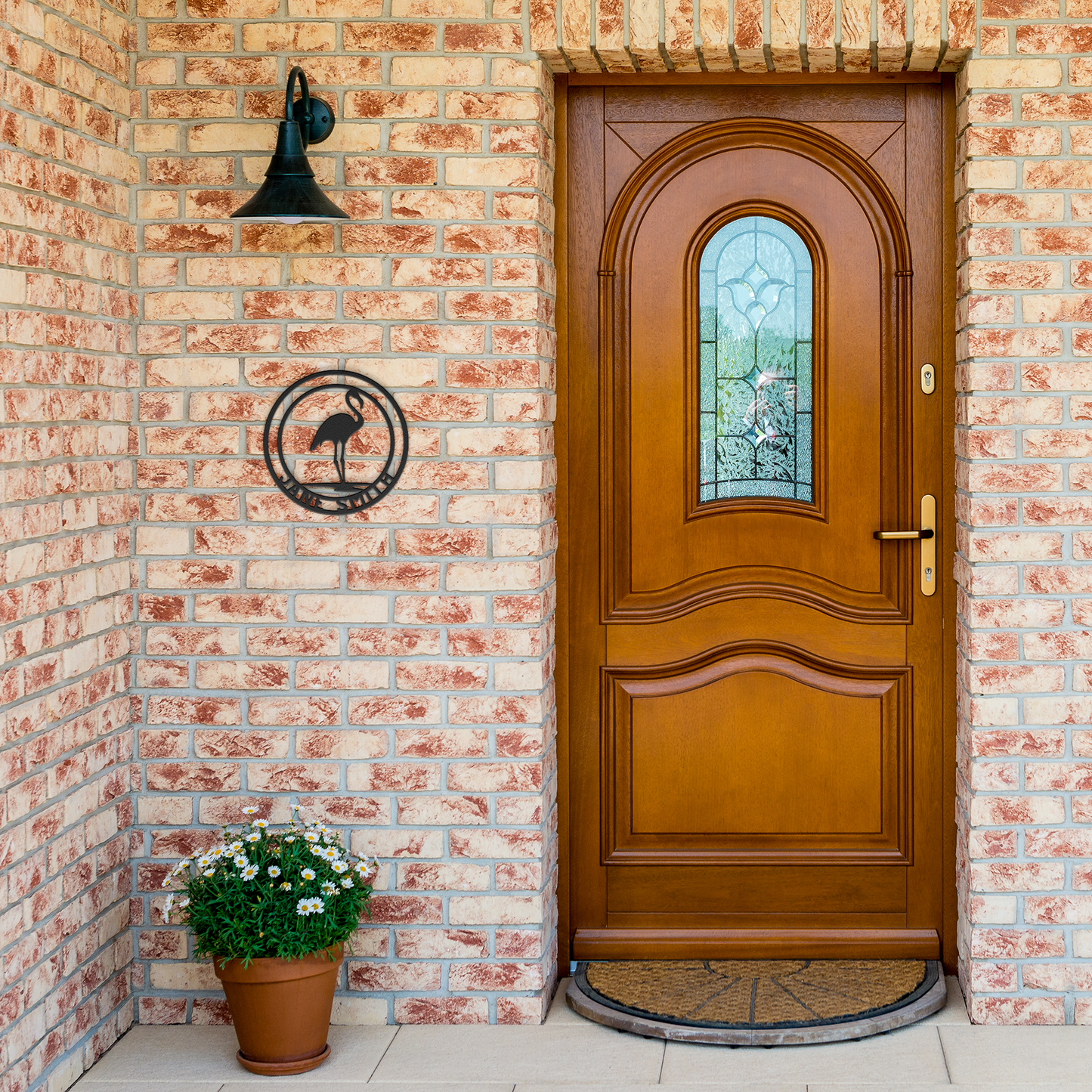 Personalized_Flamingo_Metal_Wall_Art_Black_Brick_Entrance_Mockup.png