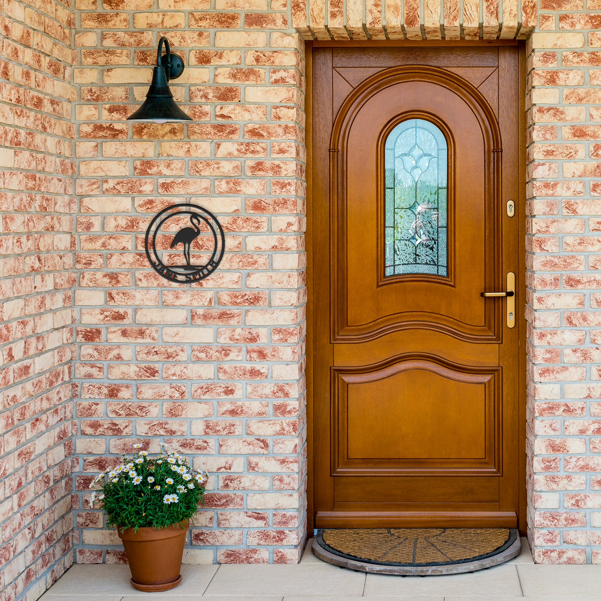 Personalized_Flamingo_Metal_Wall_Art_Black_Brick_Entrance_Mockup.png