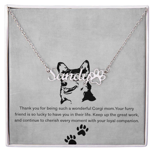 Personalized Corgi Mom Paw Print Name Necklace - Customized Jewelry Gift for Women Corgi Dog Lover