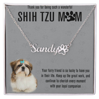 Personalized Shih Tzu Mom Paw Print Name Necklace - Customized Jewelry Gift for Women Shih Tzu Dog Lover