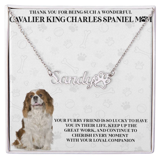 Personalized Cavalier King Charles Spaniel Mom Paw Print Name Necklace - Customized Jewelry Gift for Women Cavalier King Charles Spaniel Dog Lover