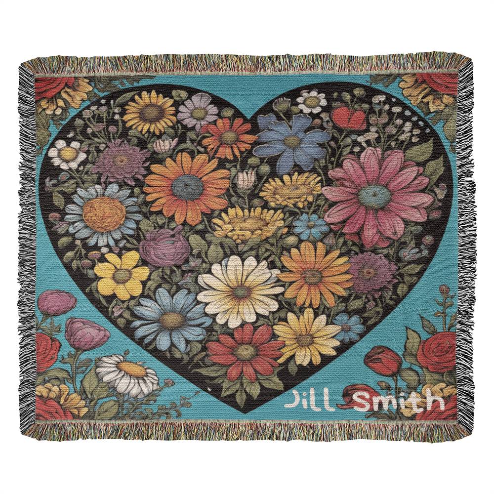 Personalized Flower Heart Heirloom Woven Blanket, Wild flowers, Flower Blanket,,Valentine Shirt, Love Shirt, Floral Heart Blanket, Sentimental Gift