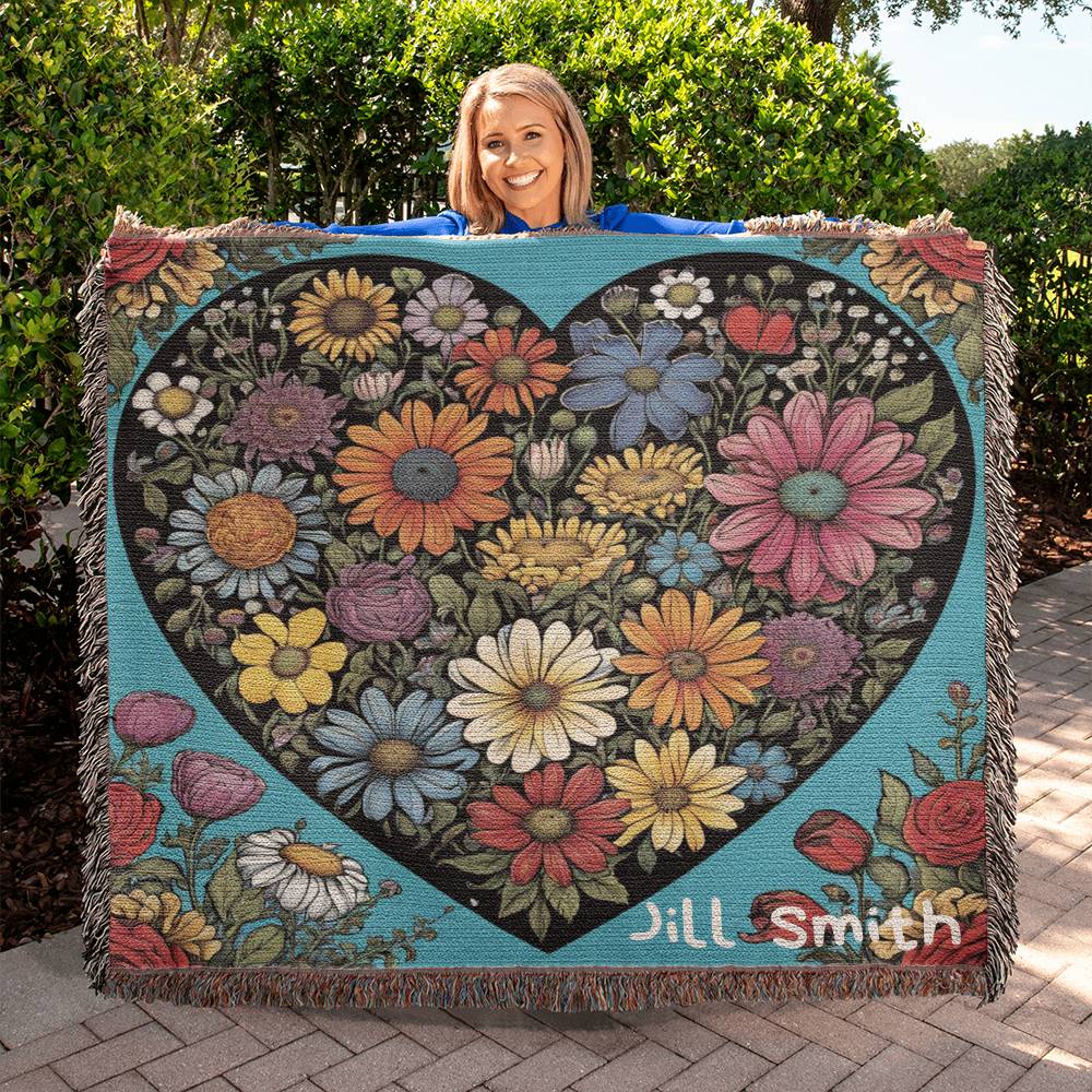 Personalized Flower Heart Heirloom Woven Blanket, Wild flowers, Flower Blanket,,Valentine Shirt, Love Shirt, Floral Heart Blanket, Sentimental Gift