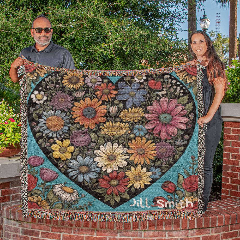 Personalized Flower Heart Heirloom Woven Blanket, Wild flowers, Flower Blanket,,Valentine Shirt, Love Shirt, Floral Heart Blanket, Sentimental Gift
