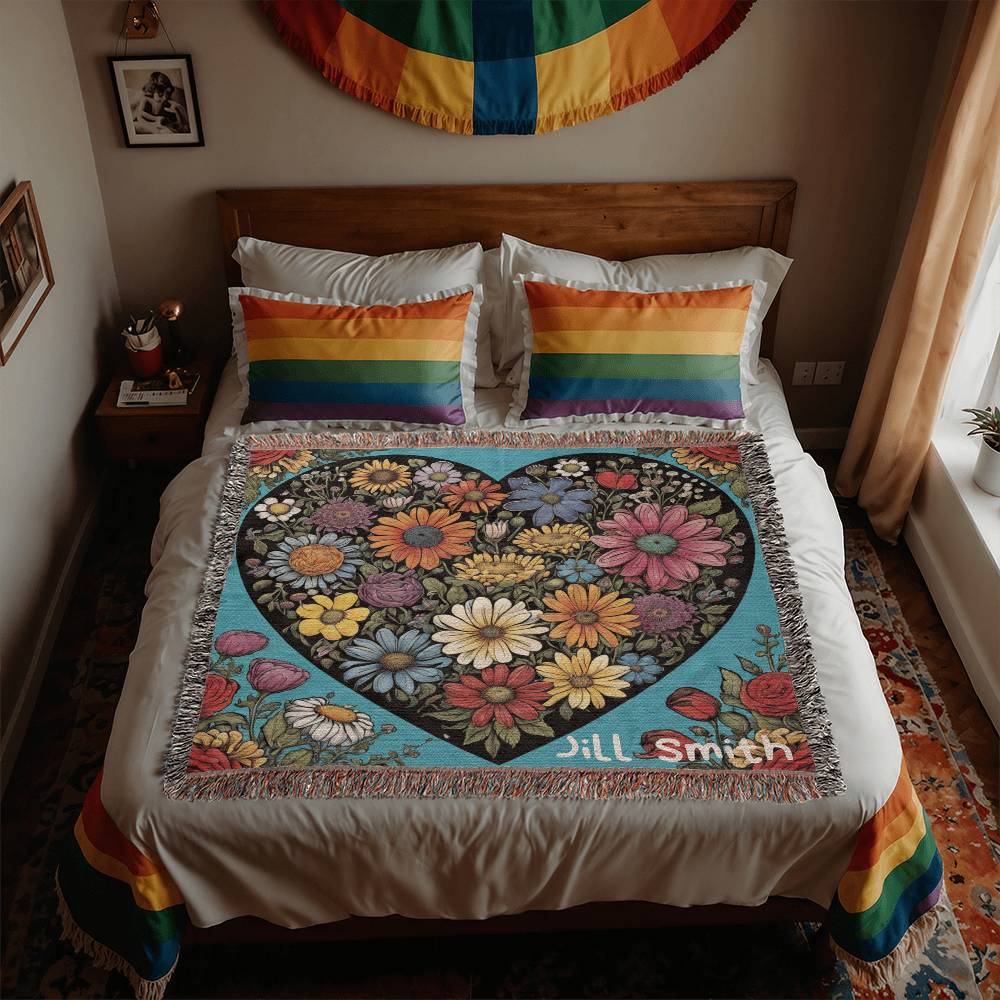 Personalized Flower Heart Heirloom Woven Blanket, Wild flowers, Flower Blanket,,Valentine Shirt, Love Shirt, Floral Heart Blanket, Sentimental Gift