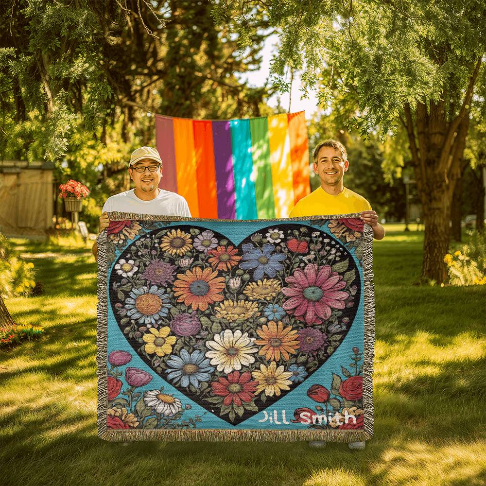 Personalized Flower Heart Heirloom Woven Blanket, Wild flowers, Flower Blanket,,Valentine Shirt, Love Shirt, Floral Heart Blanket, Sentimental Gift