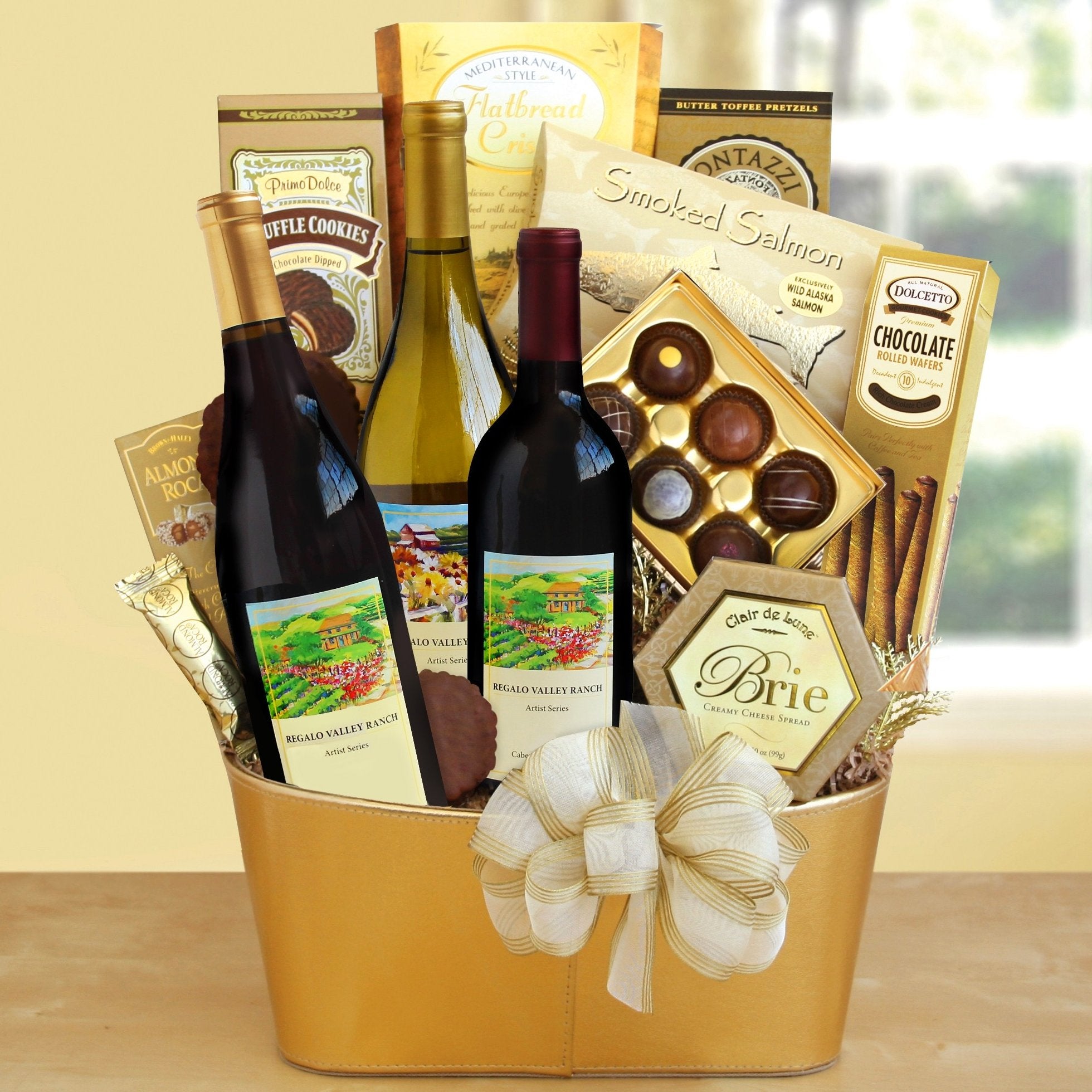 Golden Vineyard Trio: Red & White Wine Gift Basket