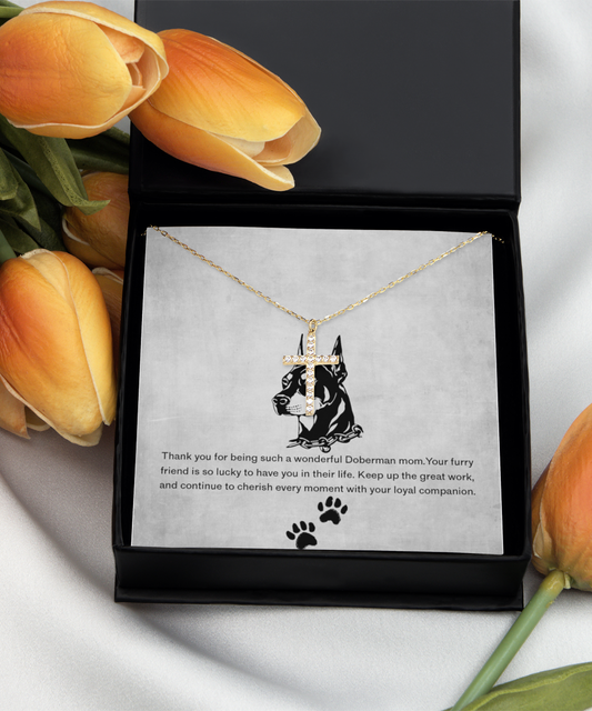 Doberman Mom Crystal Gold Cross Necklace - Dog Mom Jewelry Gifts Necklace For Women Birthday Christmas Mother's Day Gift For Doberman Dog Lover