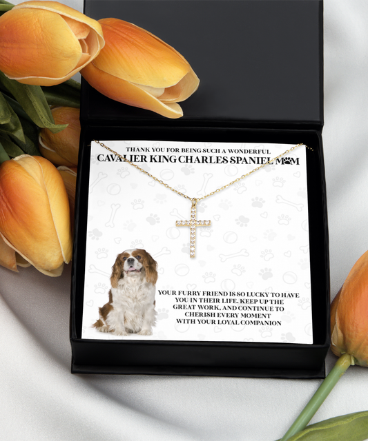 Cavalier King Charles Spaniel Mom Crystal Gold Cross Necklace - Dog Mom Gifts Necklace For Women Birthday Mother's Day Gift For Cavalier King Charles Spaniel Dog Lover