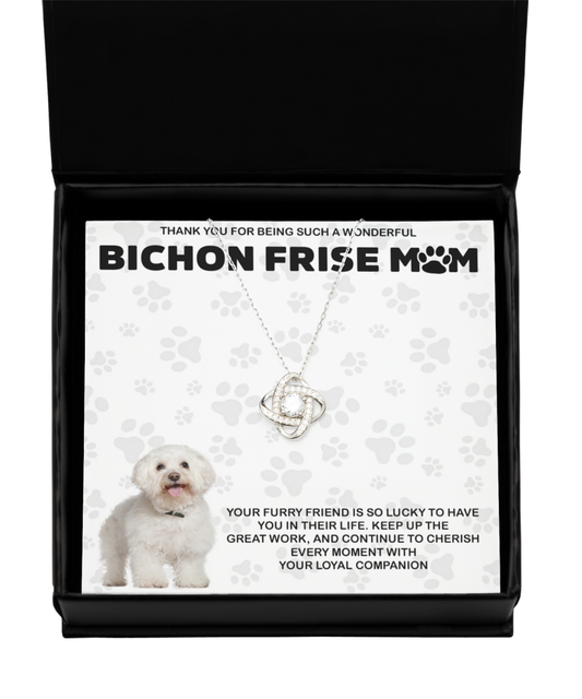 Bichon Frise Mom Love Knot Silver Necklace - Dog Mom Gifts Necklace For Women Birthday Christmas Mother's Day Gift For Bichon Frise Dog Lover