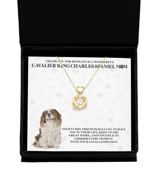 Cavalier King Charles Spaniel Mom Heart Knot Gold Necklace - Dog Mom Gifts Necklace For Women Birthday Mother's Day Gift For Cavalier King Charles Spaniel Dog Lover