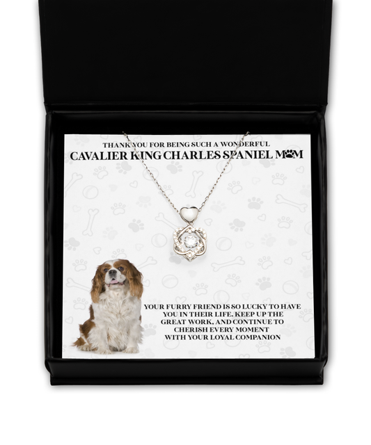 Cavalier King Charles Spaniel Mom Heart Knot Silver Necklace - Dog Mom Gifts Necklace For Women Birthday Mother's Day Gift For Cavalier King Charles Spaniel Dog Lover