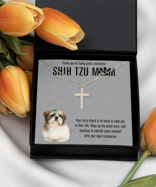 Shih Tzu Mom Crystal Gold Cross Necklace - A Birthday Christmas Mother's Day Gift For Shih Tzu Dog Mom Necklace Gift For Her