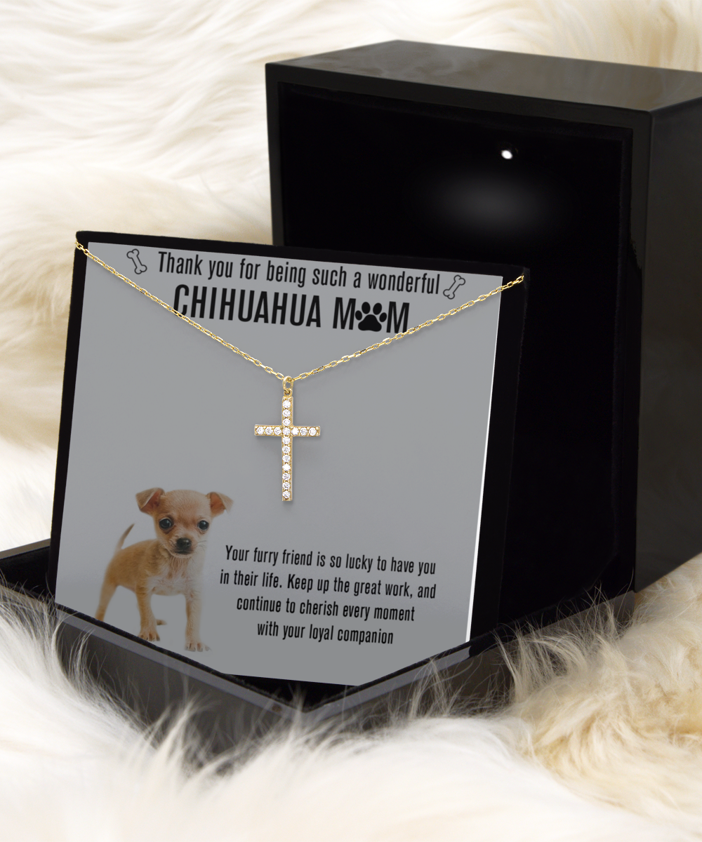 Chihuahua Mom Crystal Gold Cross Necklace - A Birthday Christmas Mothers Day Necklace Gift For Women Chihuahua Dog Mom
