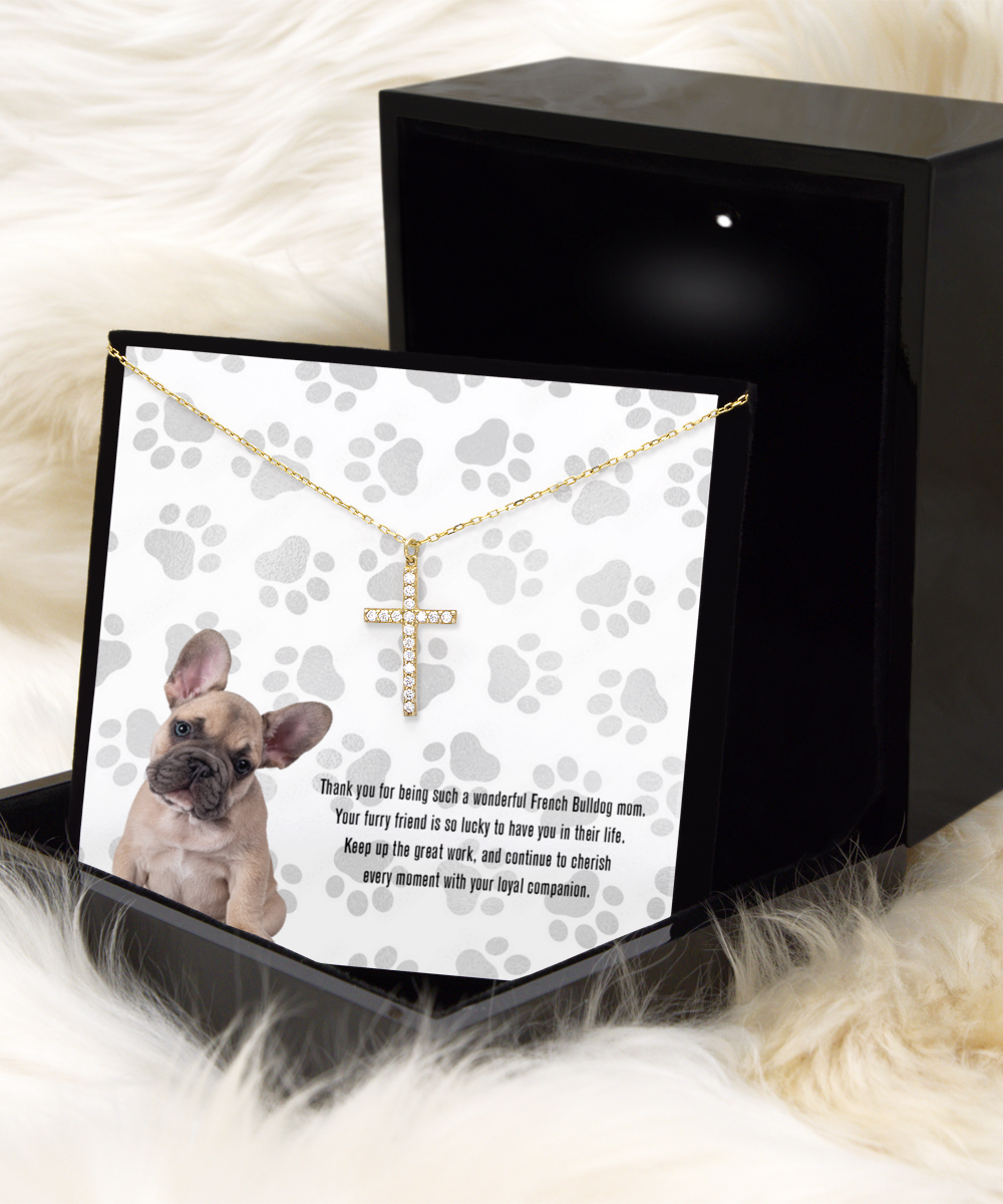 French Bulldog Mom Crystal Gold Cross Necklace - Dog Mom Jewelry Gifts Necklace For Women Birthday Christmas Mother's Day Gift For French Bulldog Dog Lover