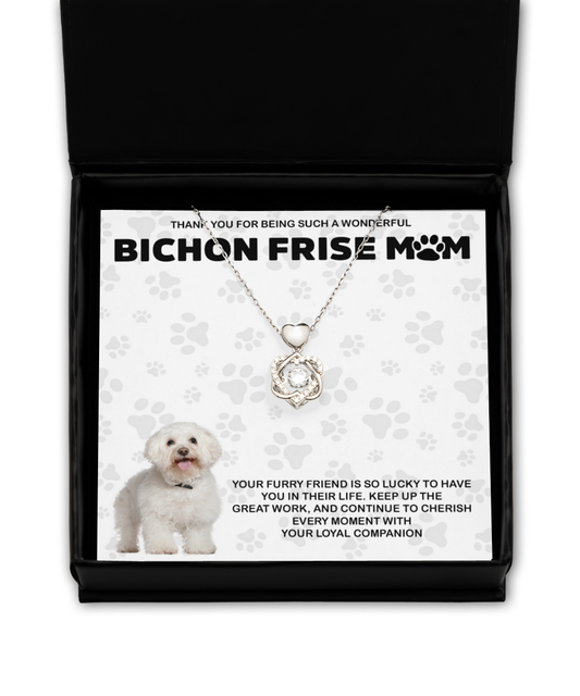 Bichon Frise Mom Heart Knot Silver Necklace - Dog Mom Gifts Necklace For Women Birthday Christmas Mother's Day Gift For Bichon Frise Dog Lover