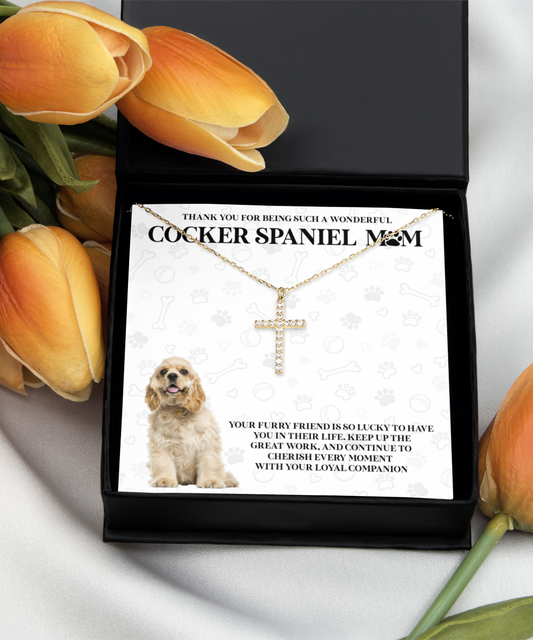 Cocker Spaniel Mom Crystal Gold Cross Necklace - Dog Mom Gifts Necklace For Women Birthday Christmas Mother's Day Gift For Cocker Spaniel Dog Lover