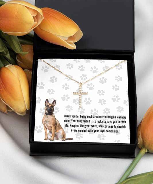 Belgian Malinois Mom Crystal Gold Cross Necklace - Dog Mom Jewelry Gifts Necklace For Women Birthday Christmas Mother's Day Gift For Belgian Malinois Dog Lover