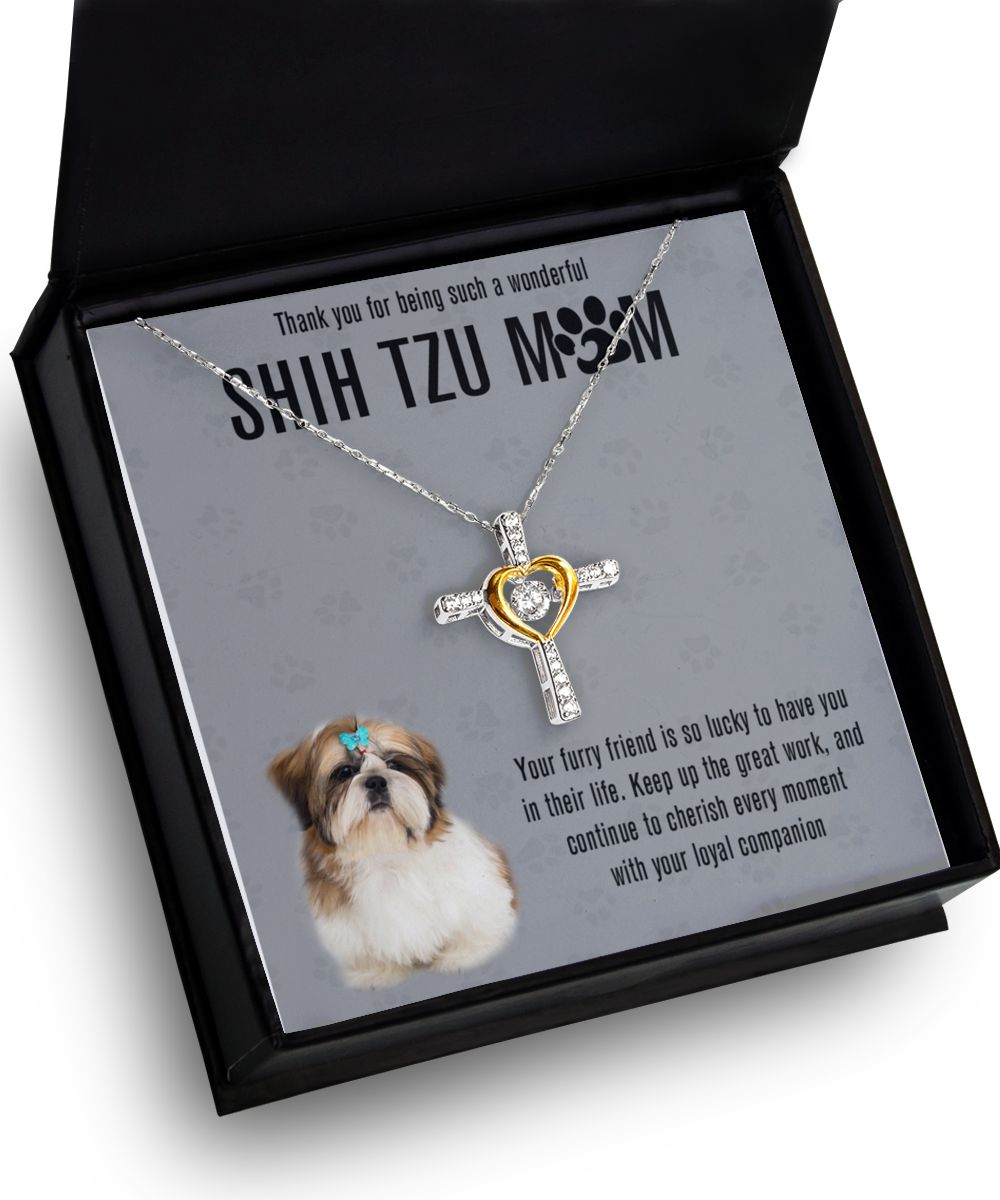 Shih Tzu Mom Cross Dancing Necklace - Dog Mom Gifts For Women Birthday Christmas Mother's Day Gift Necklace For Shih Tzu Dog Lover