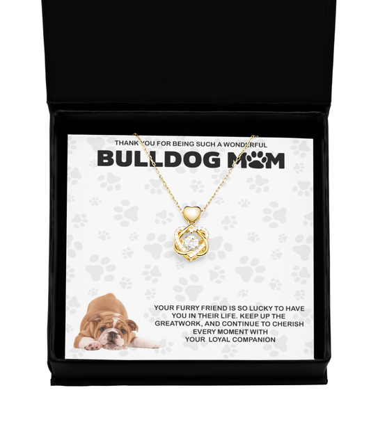 Bulldog Mom Heart Knot Gold Necklace - Dog Mom Gifts Necklace For Women Birthday Christmas Mother's Day Gift For Bulldog Dog Lover