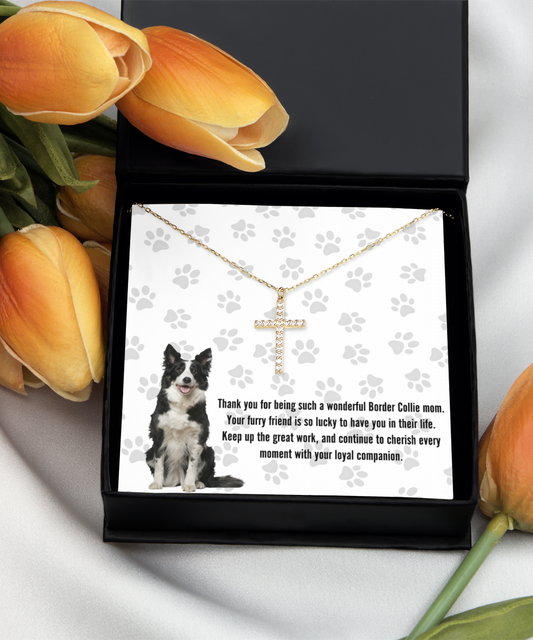Border Collie Mom Crystal Gold Cross Necklace - Dog Mom Jewelry Gifts Necklace For Women Birthday Christmas Mother's Day Gift For Border Collie Dog Lover