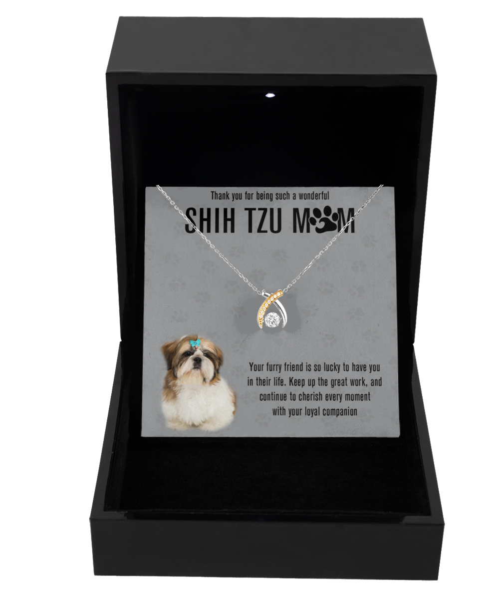 Shih Tzu Mom Wishbone Dancing Necklace - Dog Mom Gifts For Women Birthday Christmas Mother's Day Gift Necklace For Shih Tzu Dog Lover
