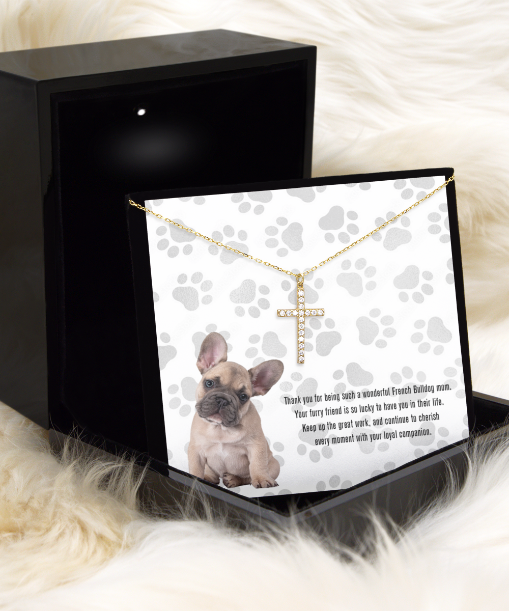 French Bulldog Mom Crystal Gold Cross Necklace - Dog Mom Jewelry Gifts Necklace For Women Birthday Christmas Mother's Day Gift For French Bulldog Dog Lover