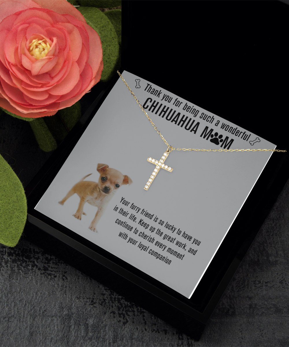Chihuahua Mom Crystal Gold Cross Necklace - A Birthday Christmas Mothers Day Necklace Gift For Women Chihuahua Dog Mom