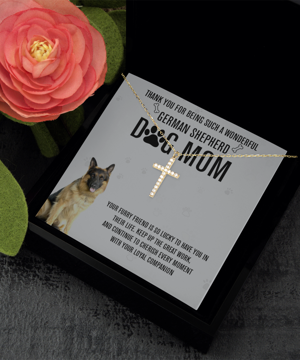 German Shepherd Dog Mom Crystal Gold Cross Necklace - A Birthday Christmas Mothers Day Necklace Gift For Women German Shepherd Dog Lover