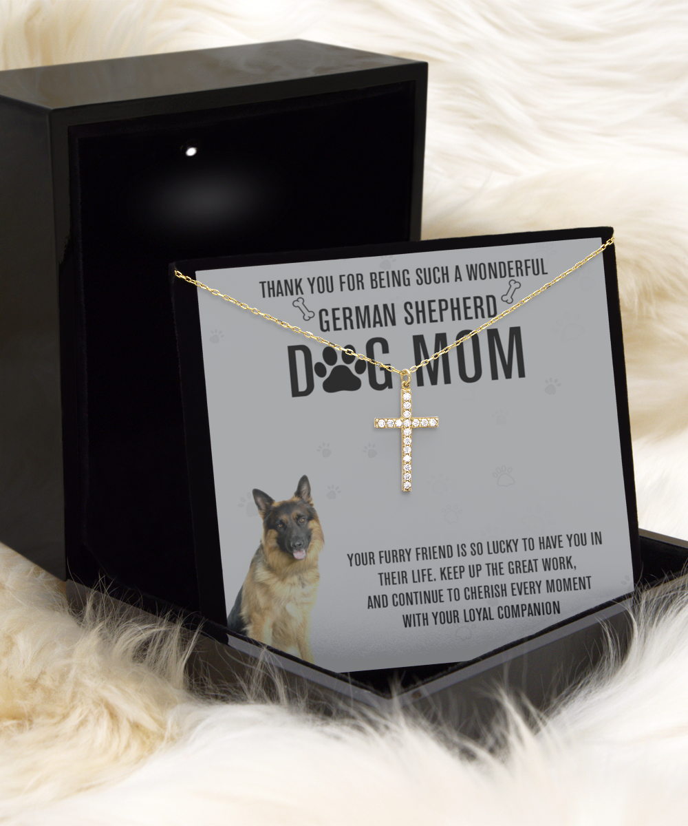 German Shepherd Dog Mom Crystal Gold Cross Necklace - A Birthday Christmas Mothers Day Necklace Gift For Women German Shepherd Dog Lover