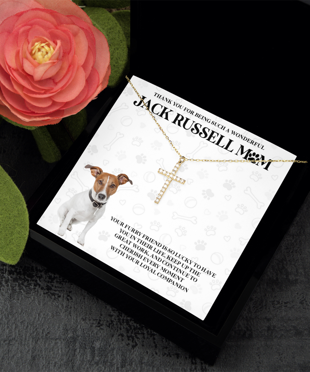 Jack Russell Mom Crystal Gold Cross Necklace - Dog Mom Gifts Necklace For Women Birthday Mother's Day Gift For Jack Russell Dog Lover