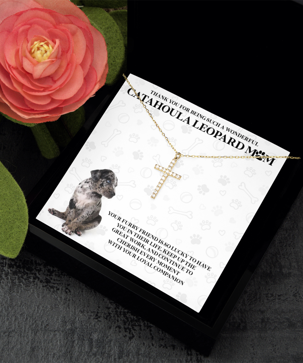 Catahoula Leopard Mom Crystal Gold Cross Necklace - A Birthday Christmas Mother's Day Gift For Catahoula Leopard Dog Mom Gifts For Women Necklace