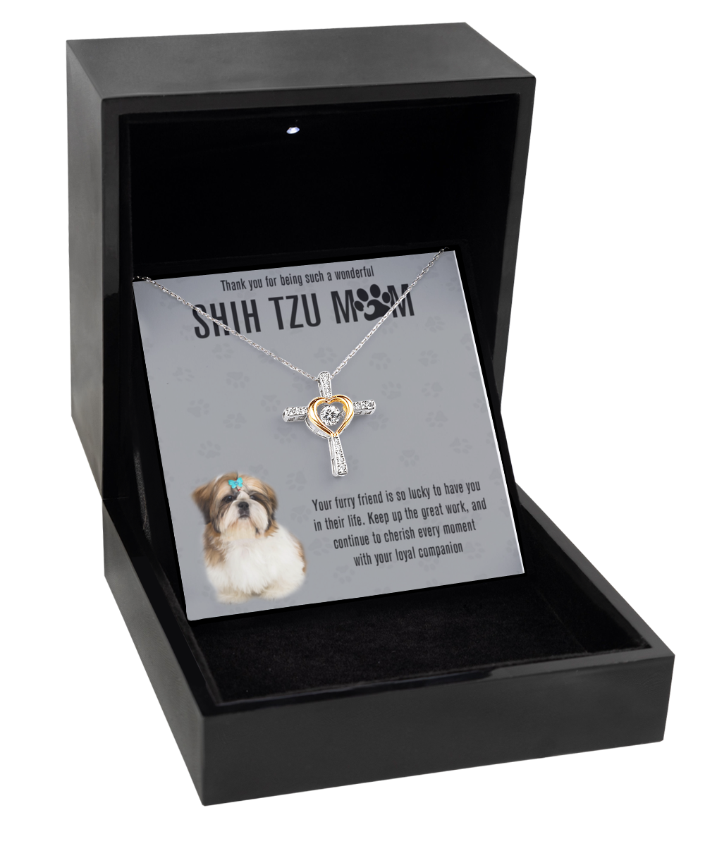 Shih Tzu Mom Cross Dancing Necklace - Dog Mom Gifts For Women Birthday Christmas Mother's Day Gift Necklace For Shih Tzu Dog Lover