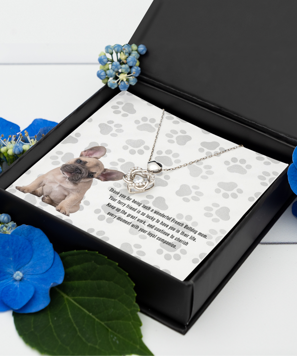 French Bulldog Mom Heart Knot Silver Necklace - Dog Mom Jewelry Gifts Necklace For Women Birthday Christmas Mother's Day Gift For French Bulldog Dog Lover